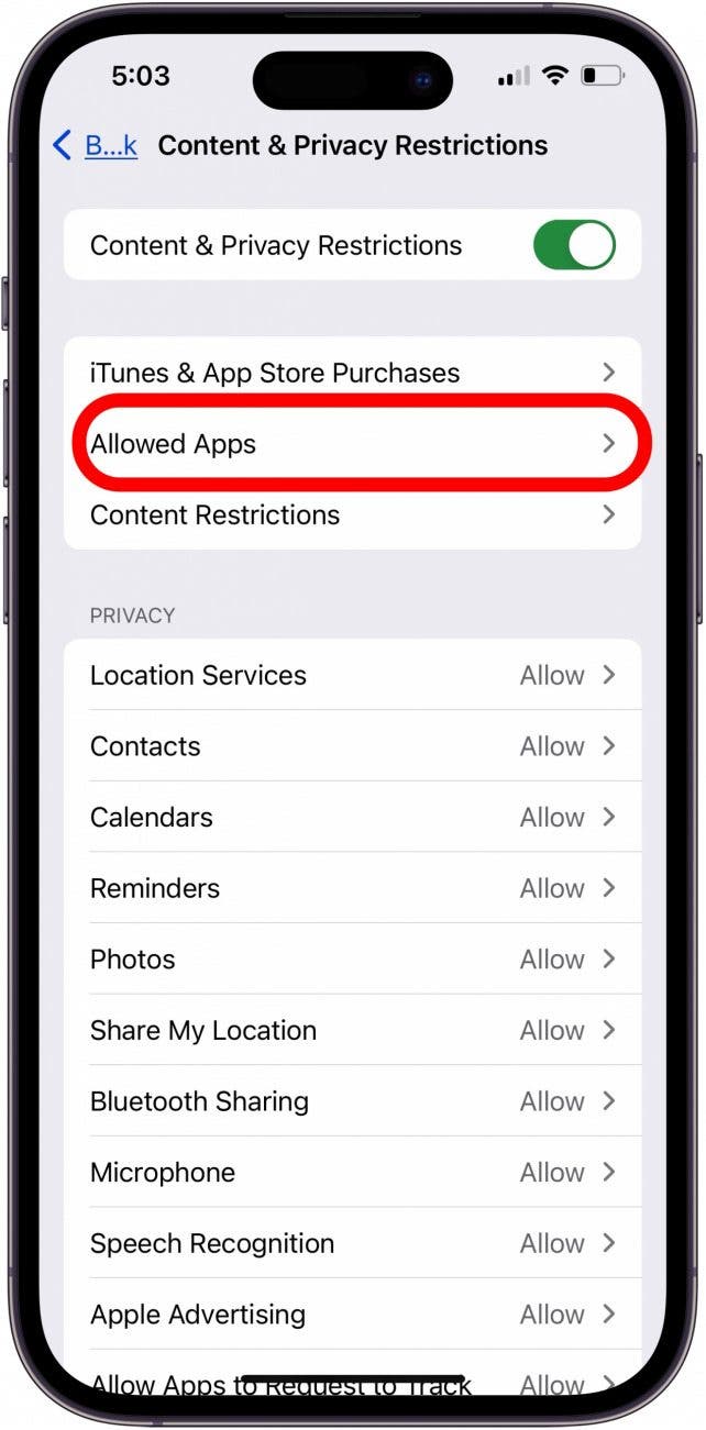 tap allowed apps in screen time settings