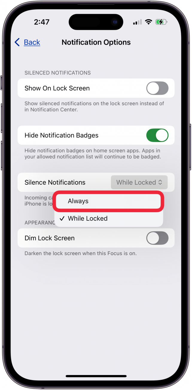tap always in silence notifications
