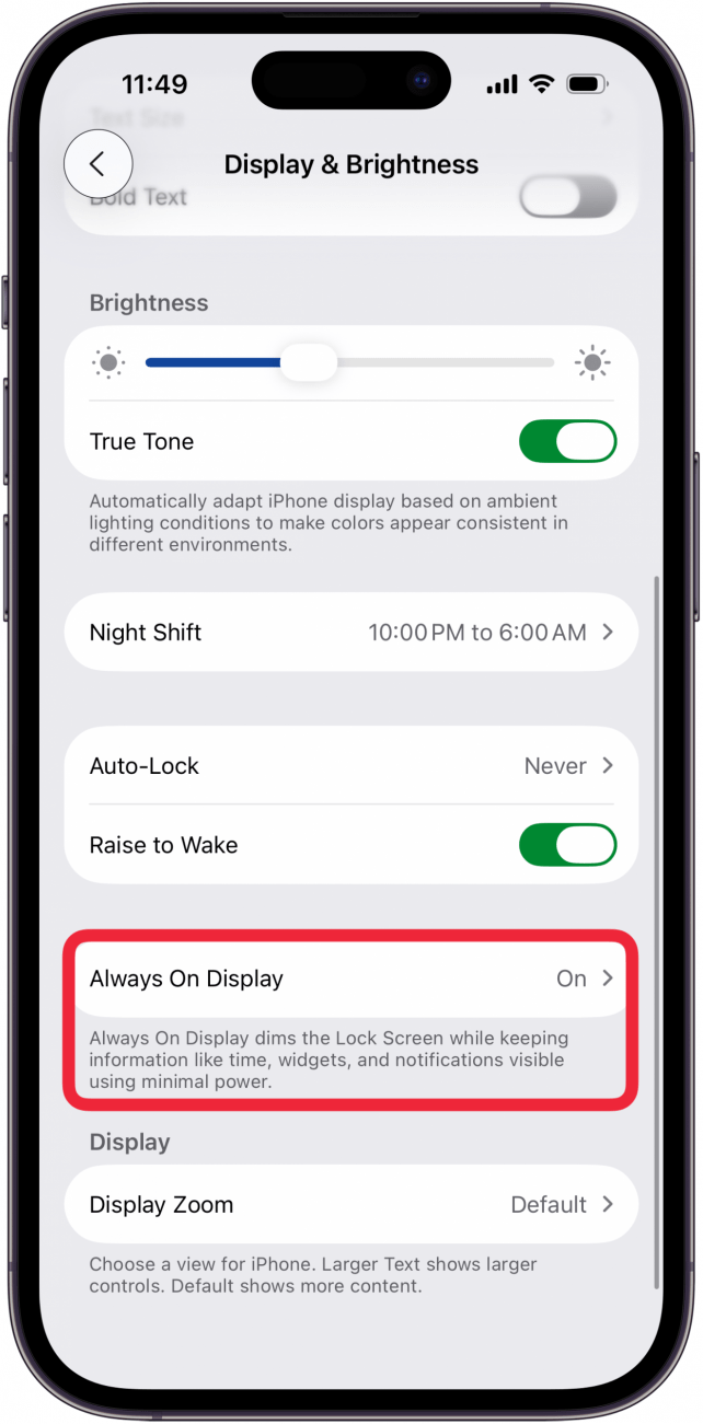 tap always on display in display and brightness settings