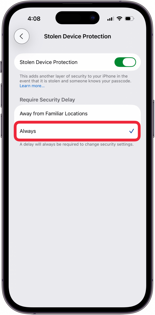 tap away from familiar locaiton under require security delay