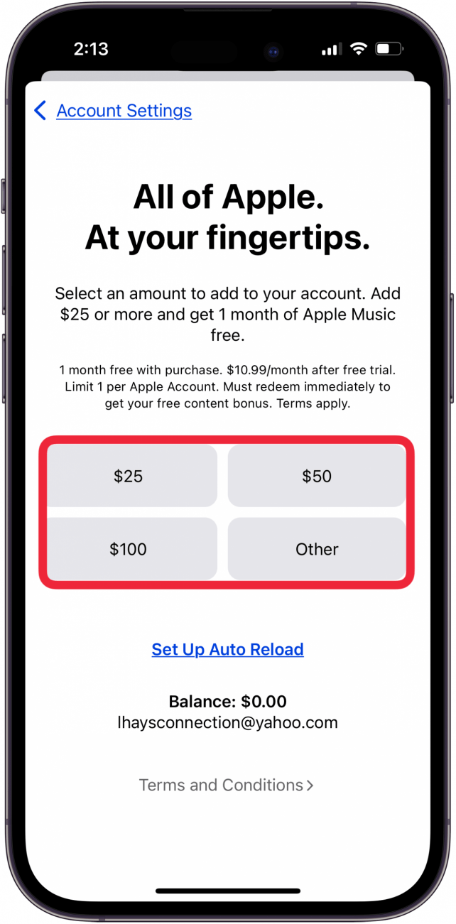 tap an amount to add to apple account