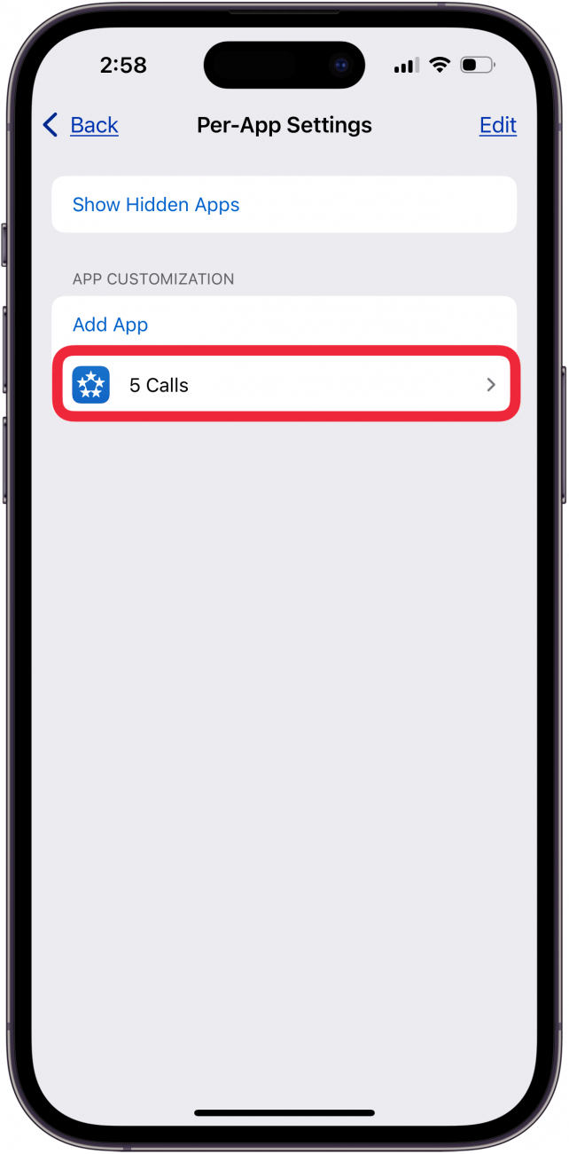 tap an app to add per app accessibility settings