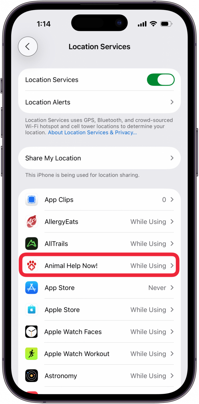 tap an app to change location services