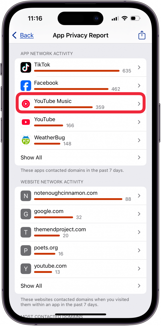 tap an app to see more detailed app privacy report iphone