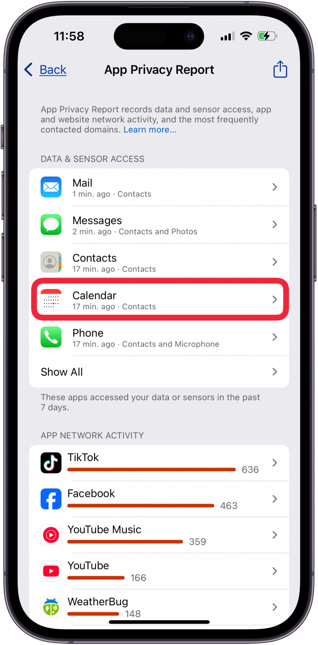 tap an app under data and sensor