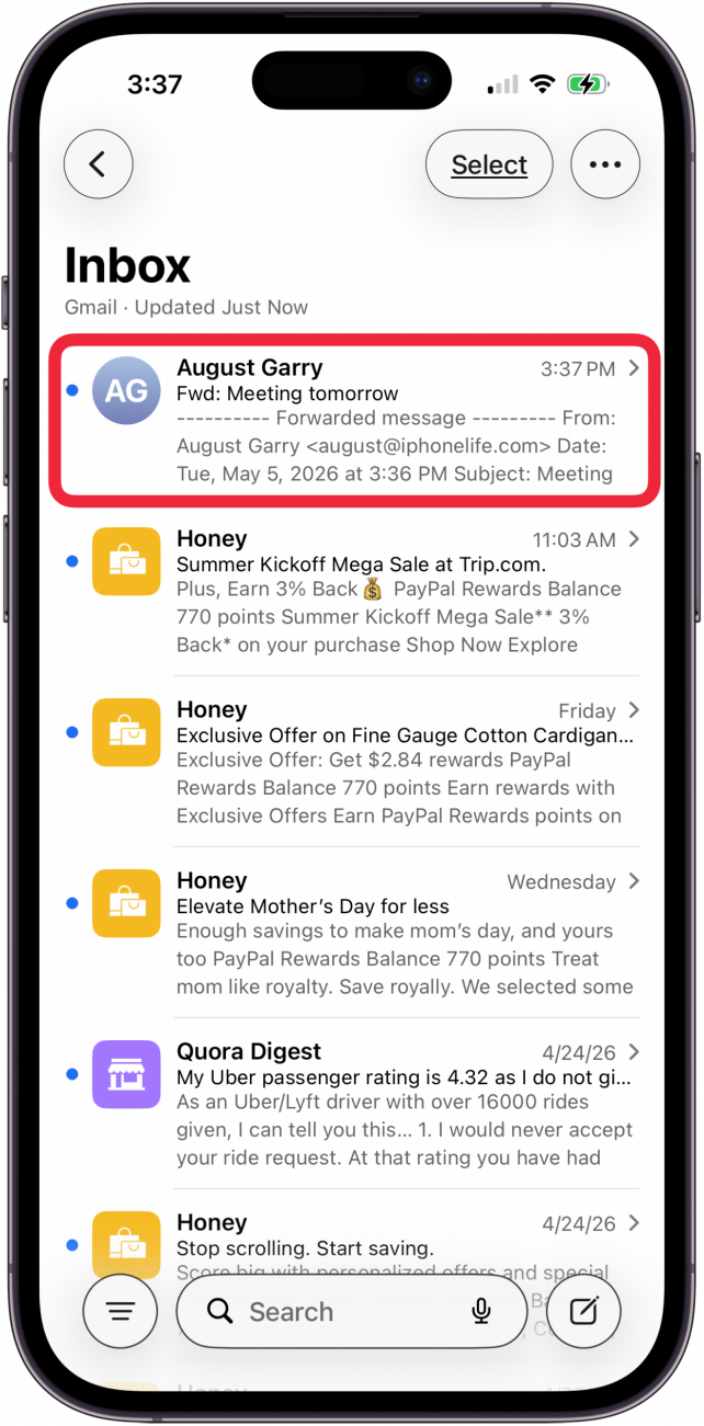 tap an email to open