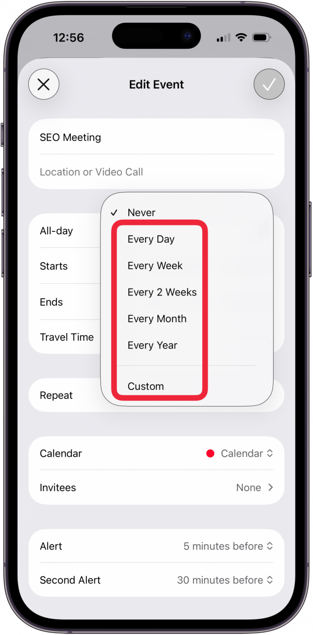 tap an event frequency or custom