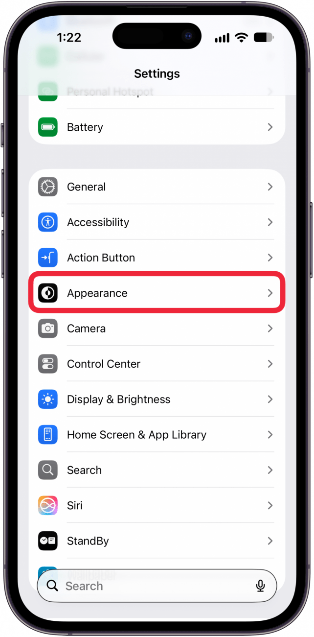 tap appearance in settings