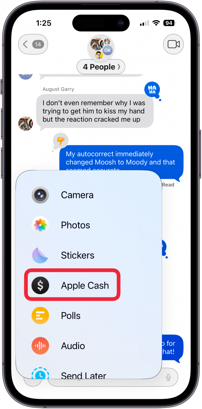 tap apple cash in menu