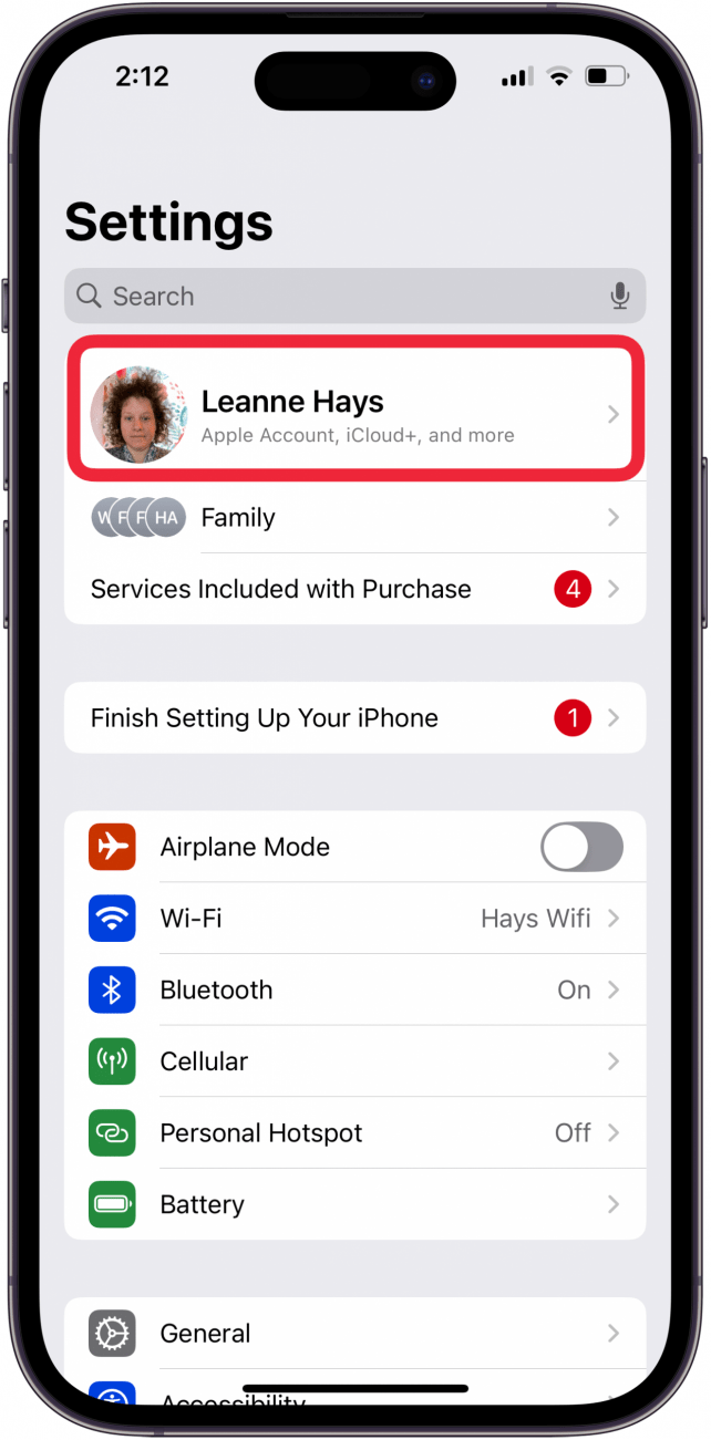 tap apple id banner at top of page