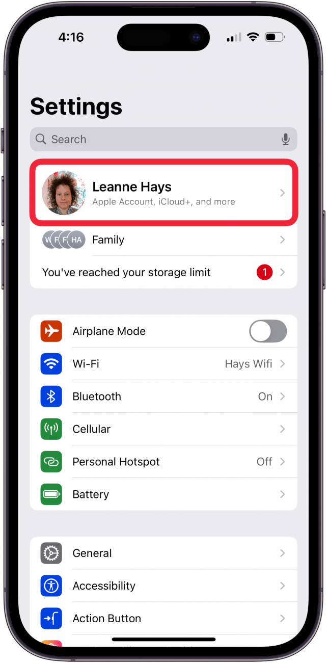 tap apple id banner in settings