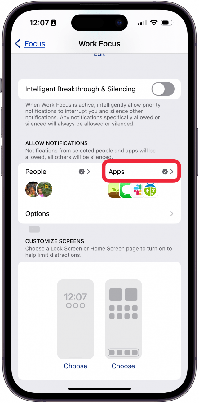 tap apps in focus settings