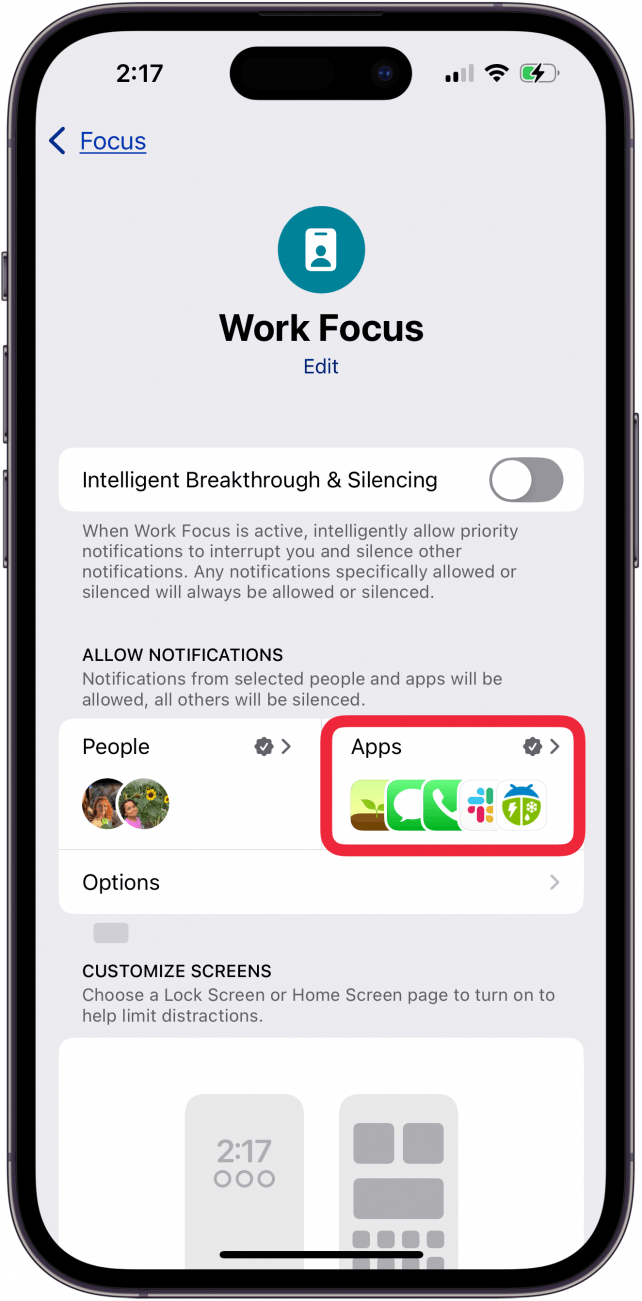 tap apps in iPhone focus settings