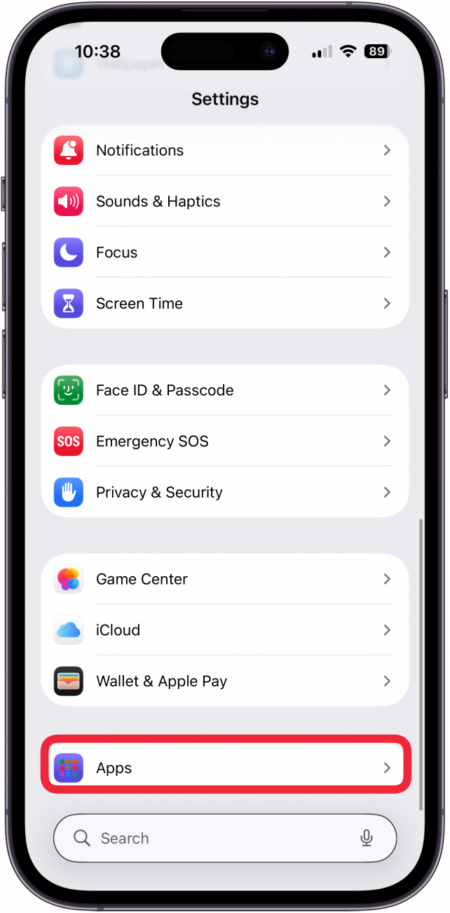 tap apps in iphone settings