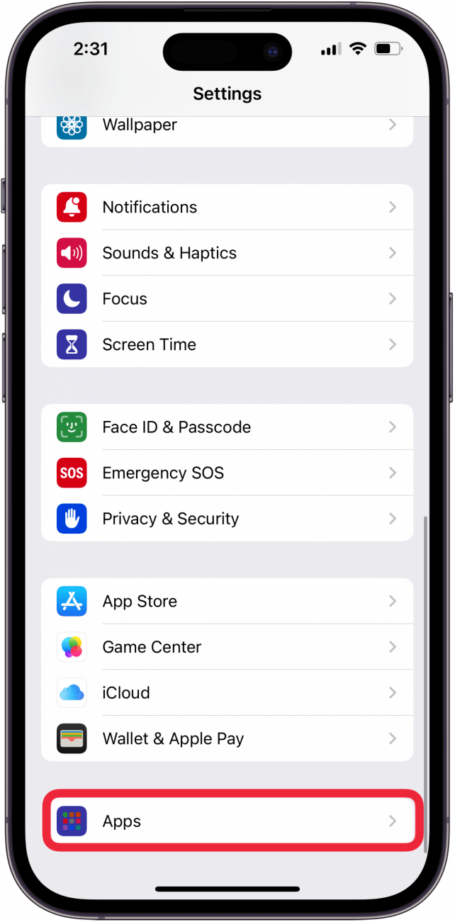 tap apps in iPhone settings