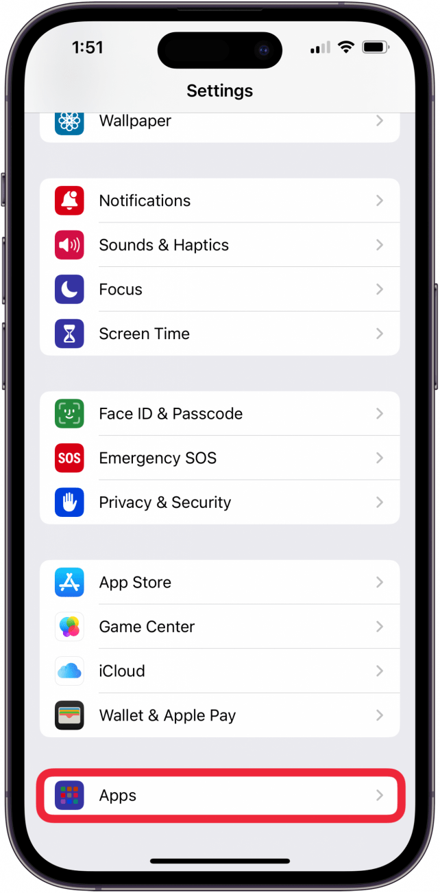 tap apps in iPhone settings