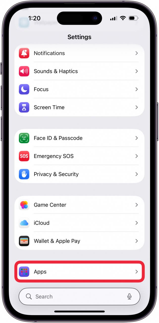 tap apps in settings