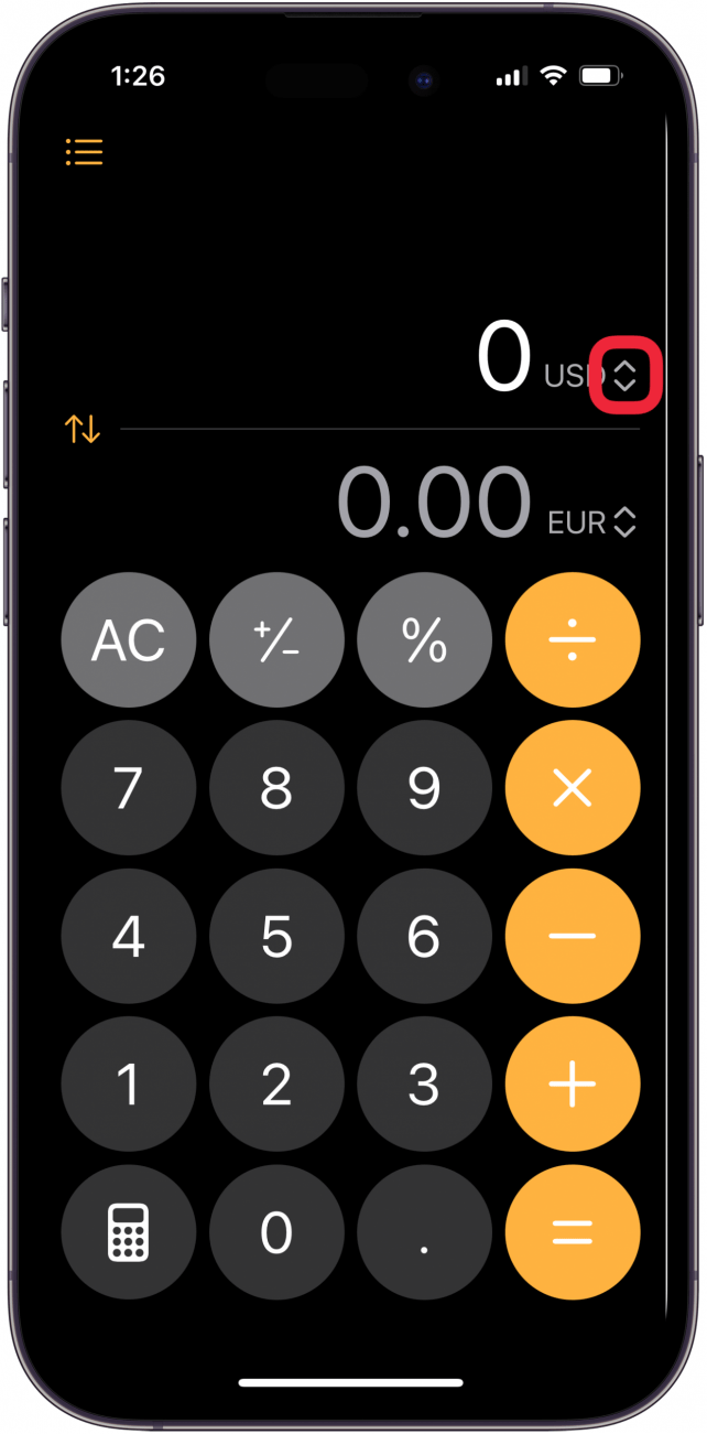 tap arrows in top unit converters field