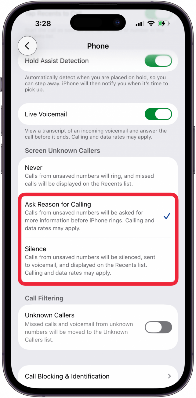 tap ask reason for calling or silence