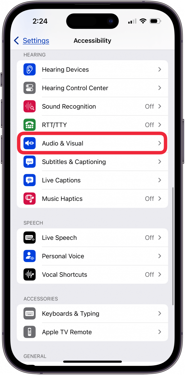 tap audio and visual in accessibility settings
