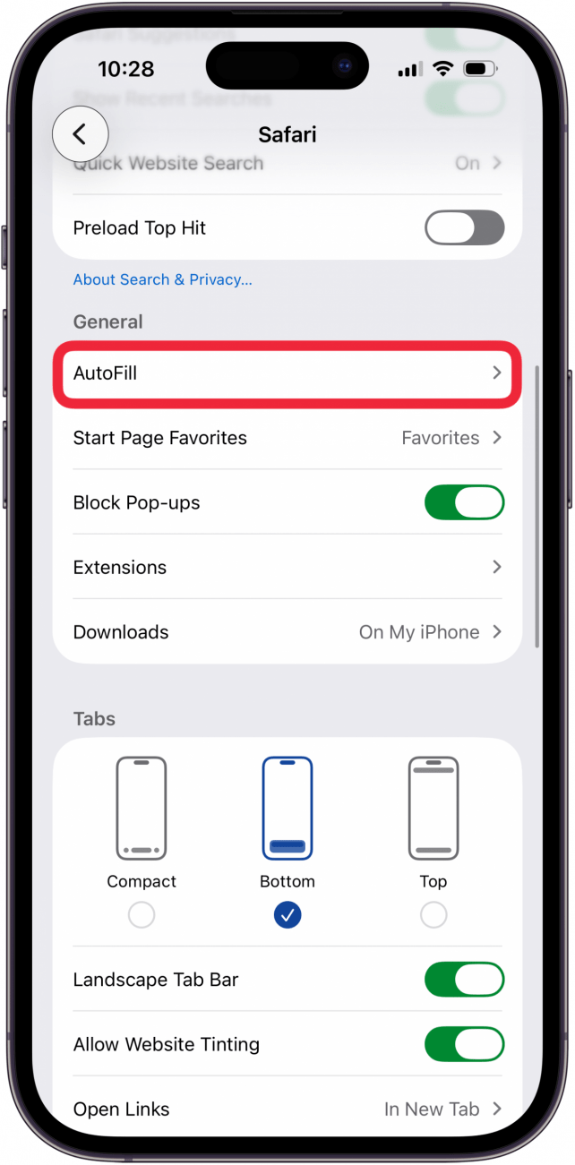 tap autofill in safari apps settings