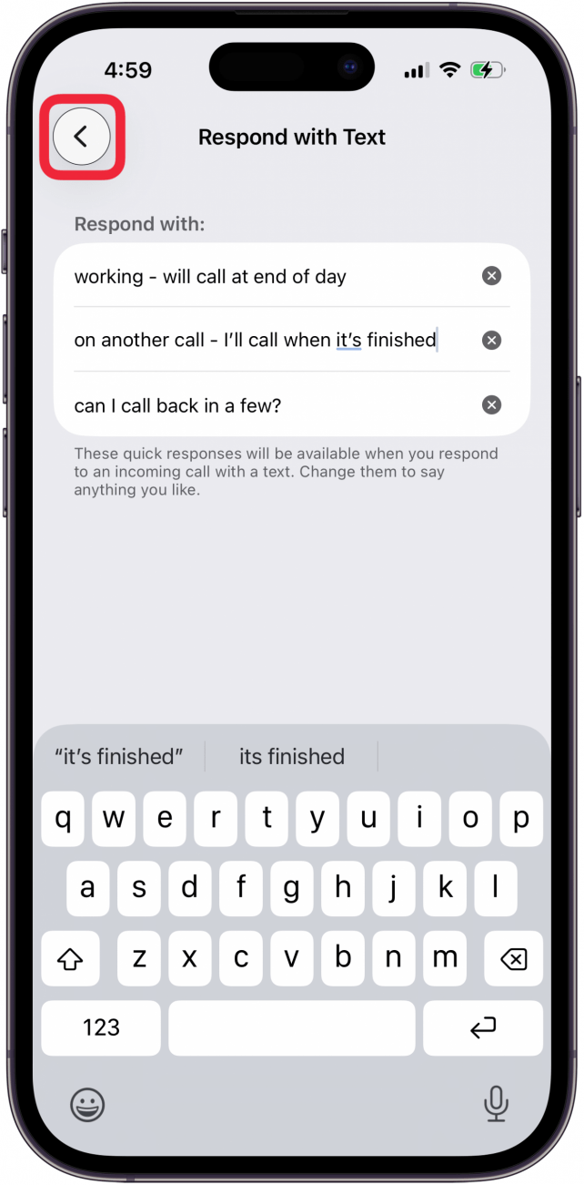 tap back arrow after entering responses