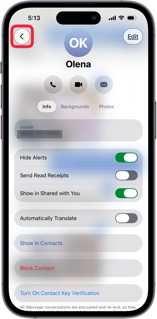 tap back arrow to go back to main messages page
