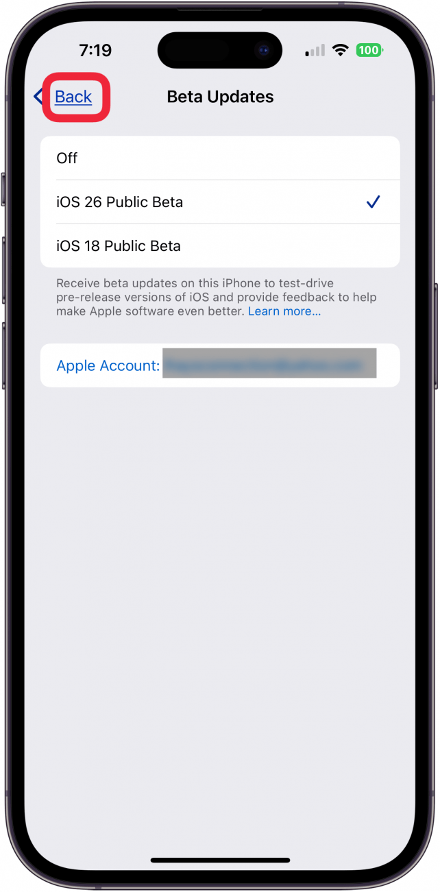 tap back to continue with beta download