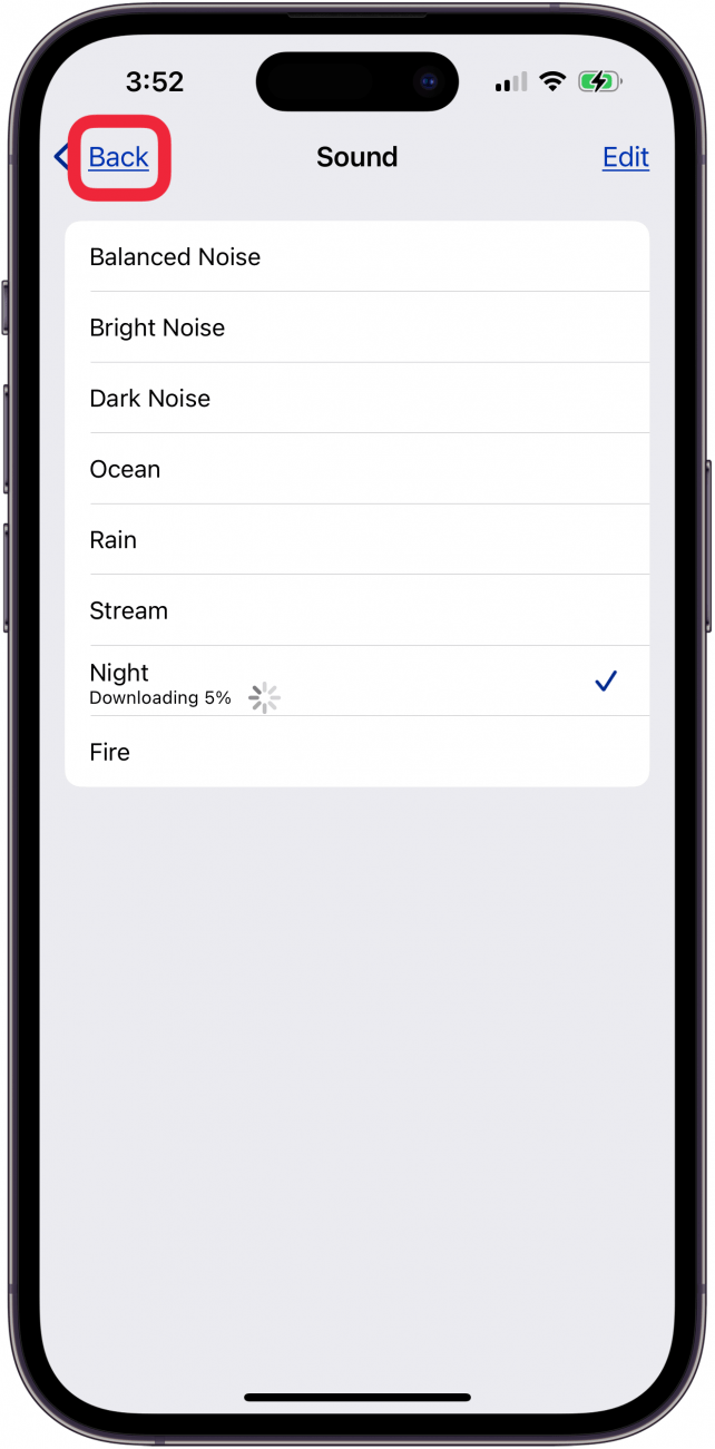 tap back to return to iphone white noise settings