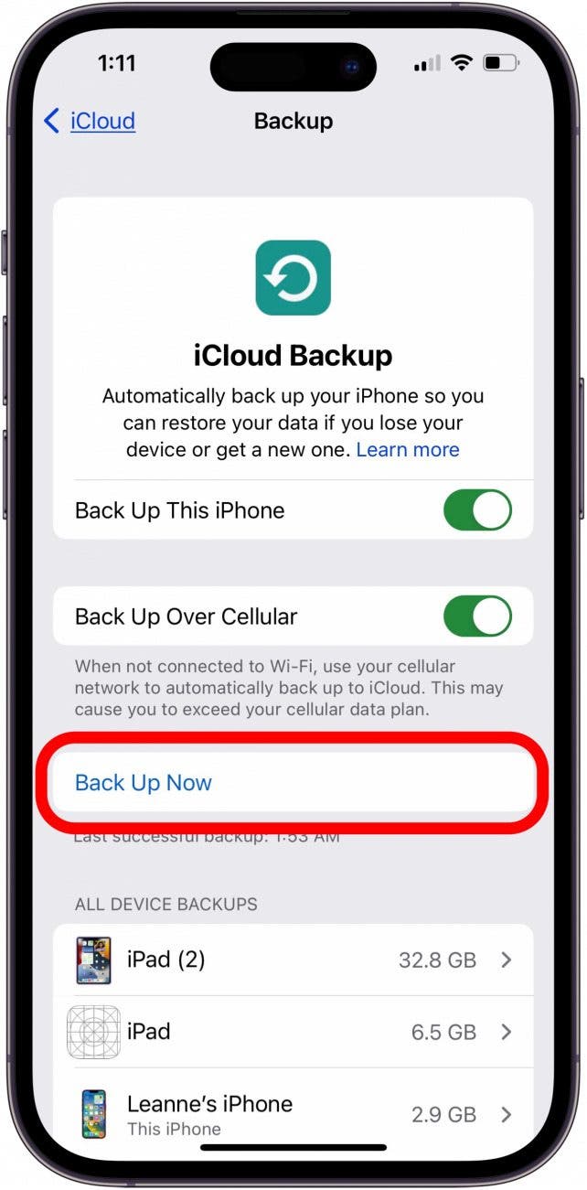 tap back up now to backup iphone on icloud
