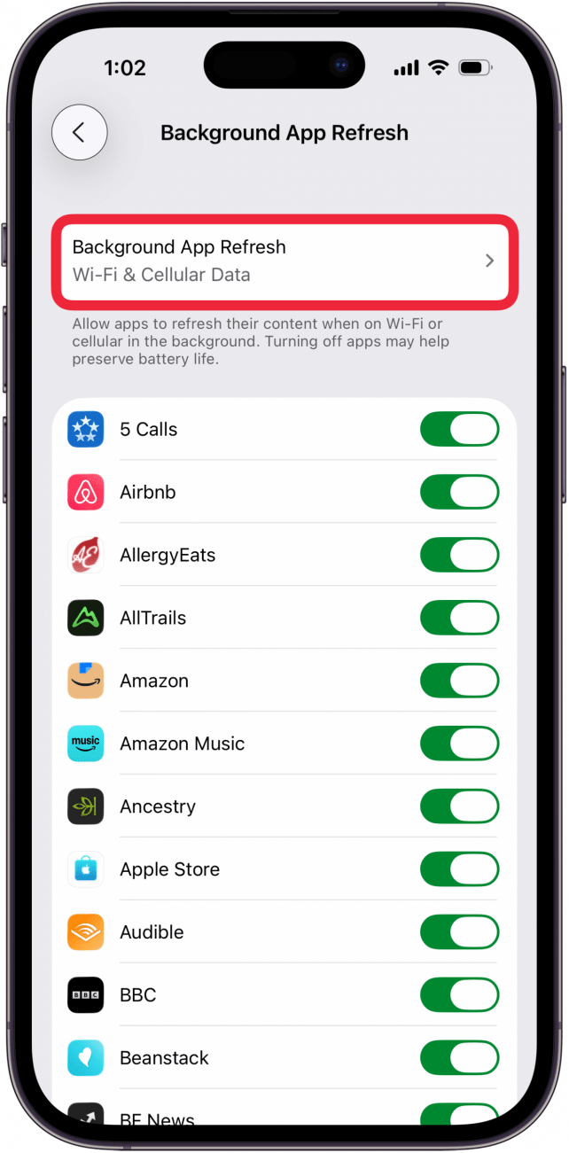 tap background app refresh again