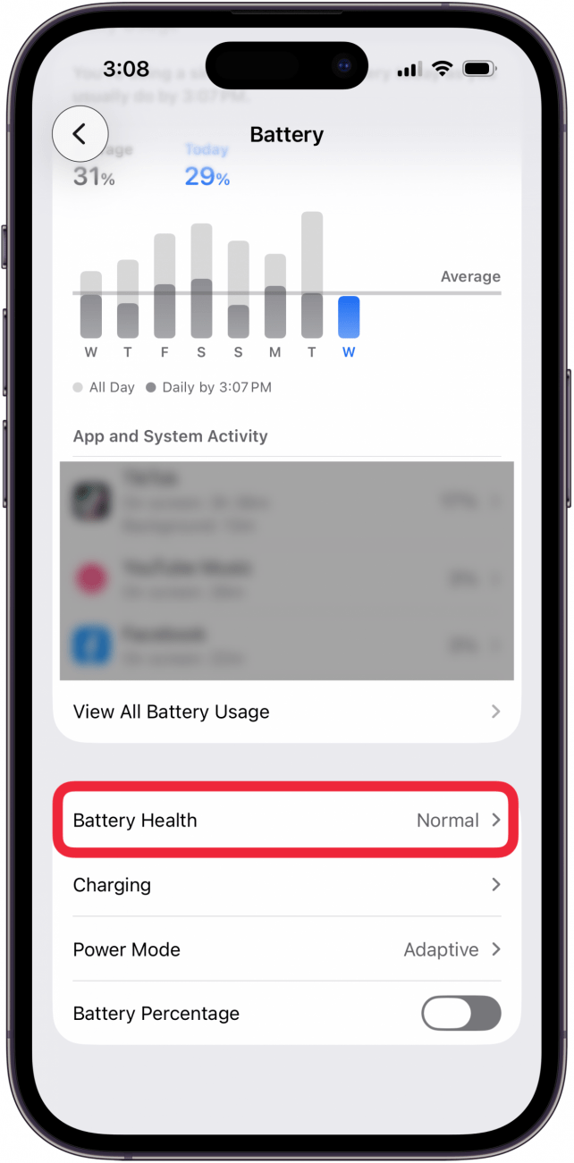 tap battery health in battery settings