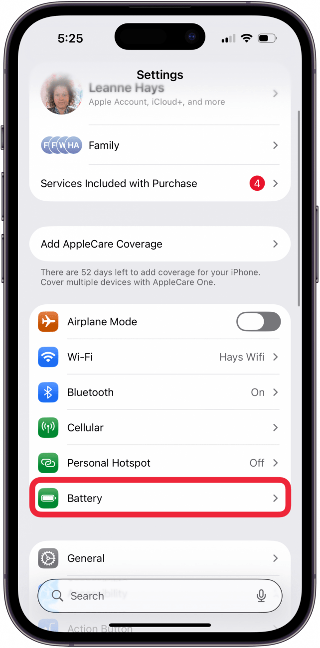 tap battery in iphone settings