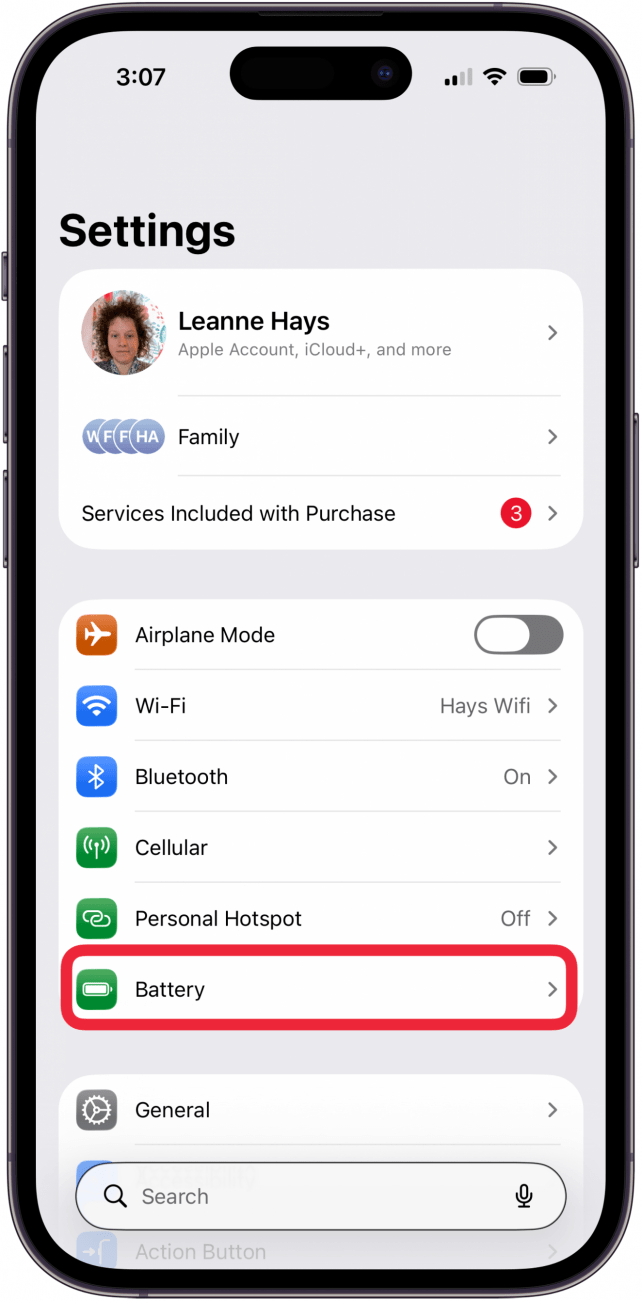 tap battery in settings