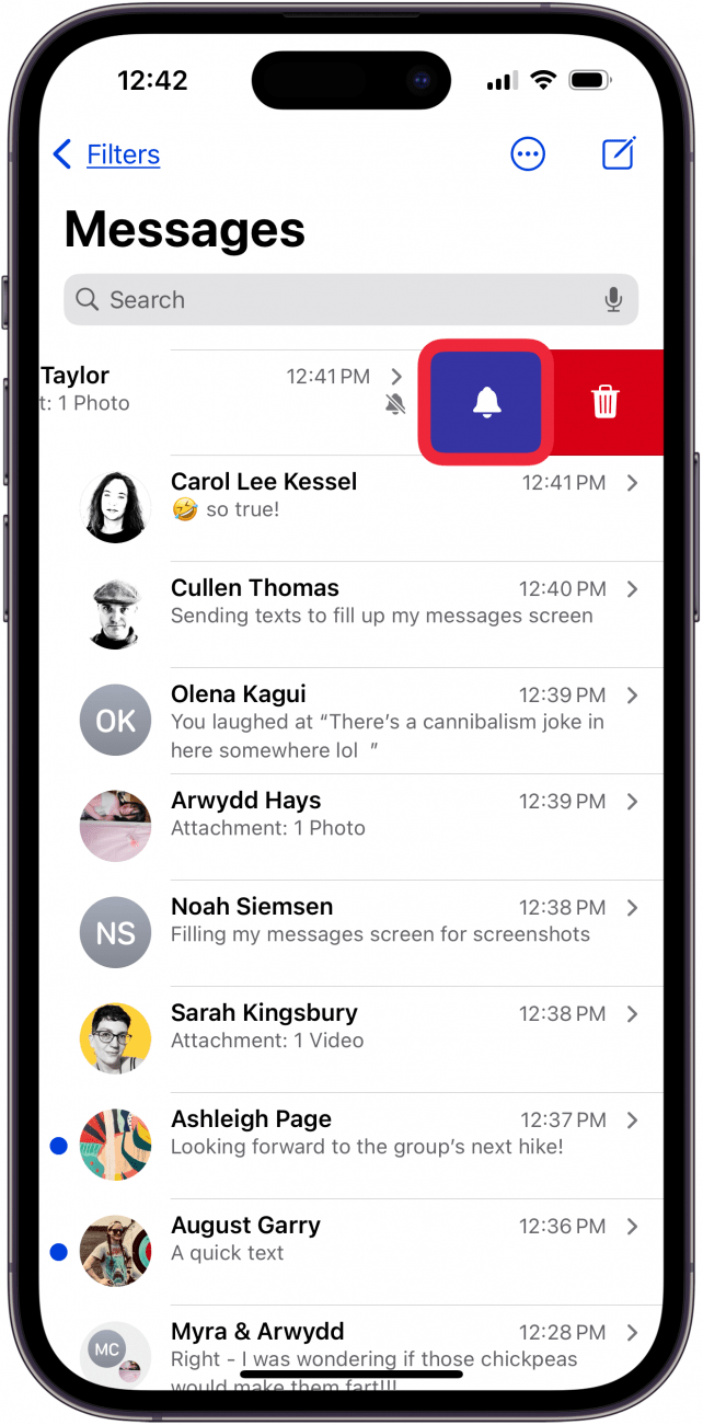 tap bell icon to turn on do not disturb for one person iphone