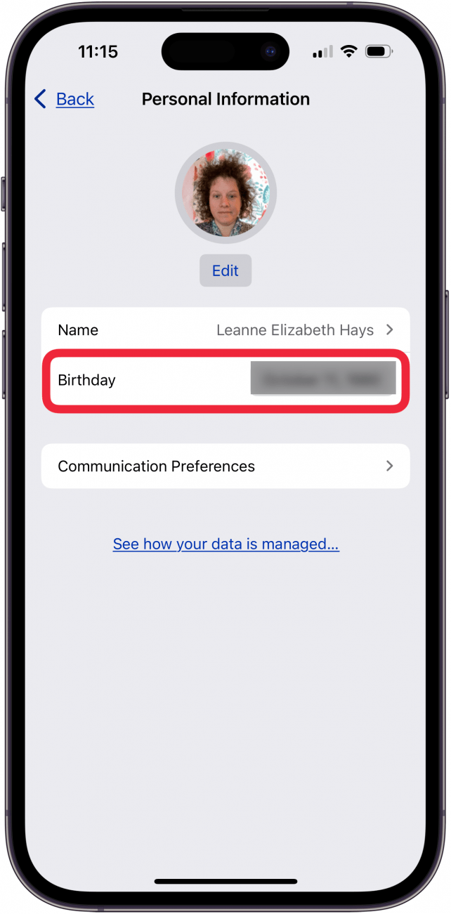 tap birthday in apple id account settings