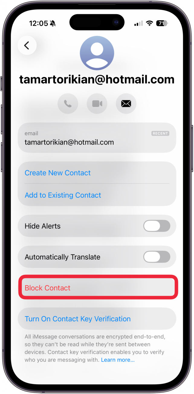 tap block contact to block email spam in messages