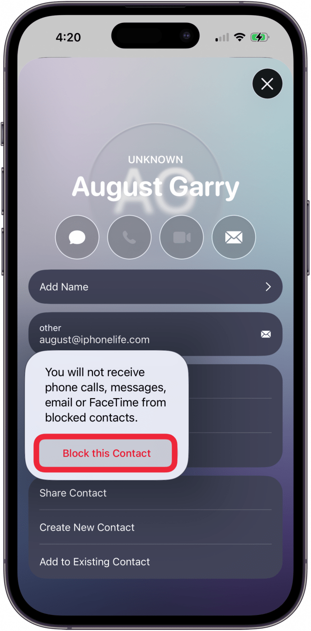tap block this contact to confirm