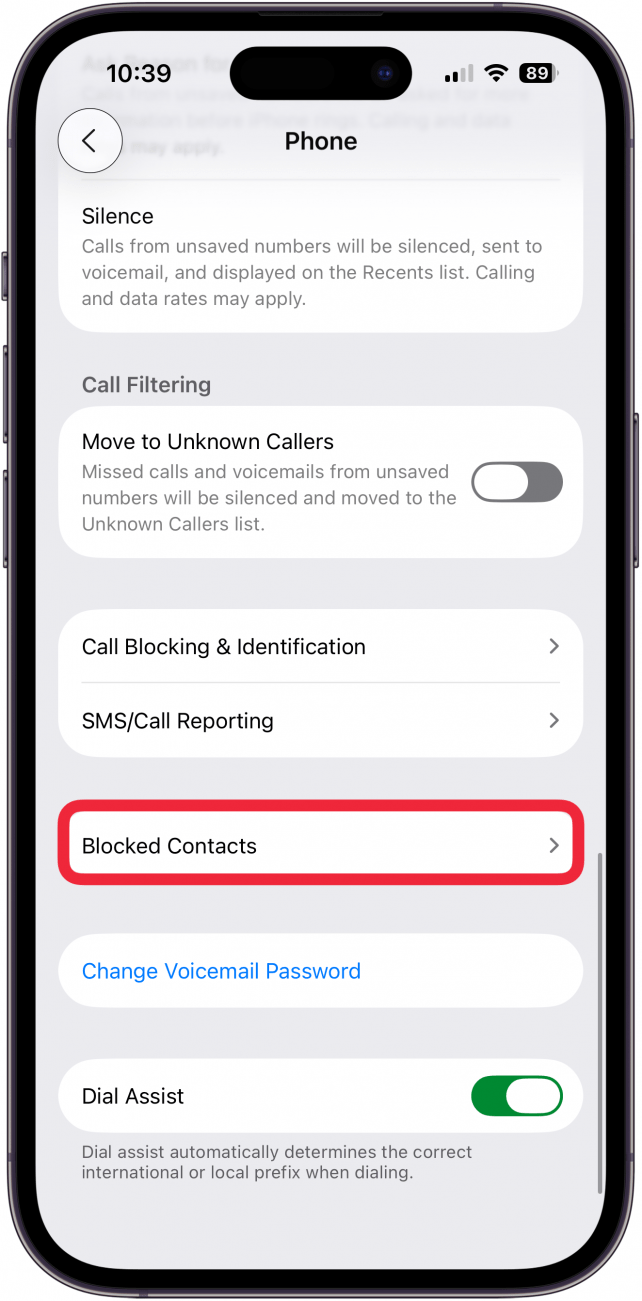 tap blocked contacts in phone settings