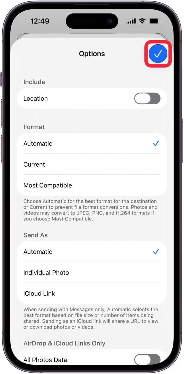 tap blue check mark when finished with photo sharing privacy settings