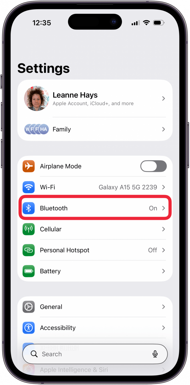 tap bluetooth in settings