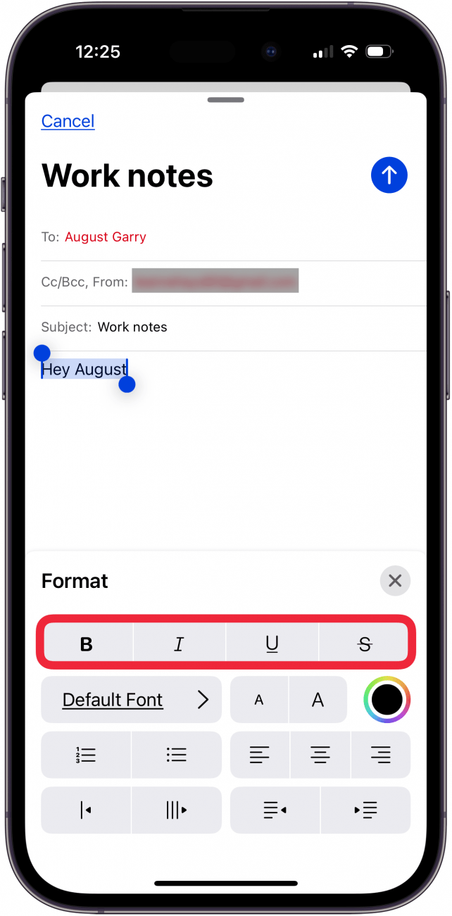 tap bold italic underline or strike through in mail font options