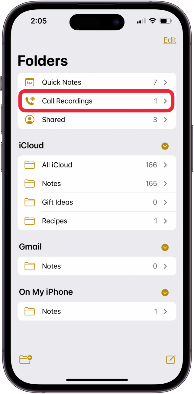 tap call recordings folder to hear iphone call recording
