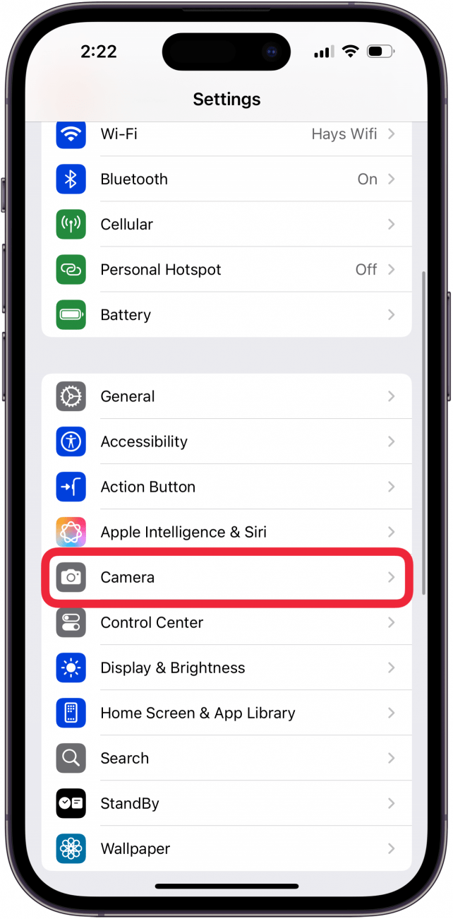 tap camera in iphone settings