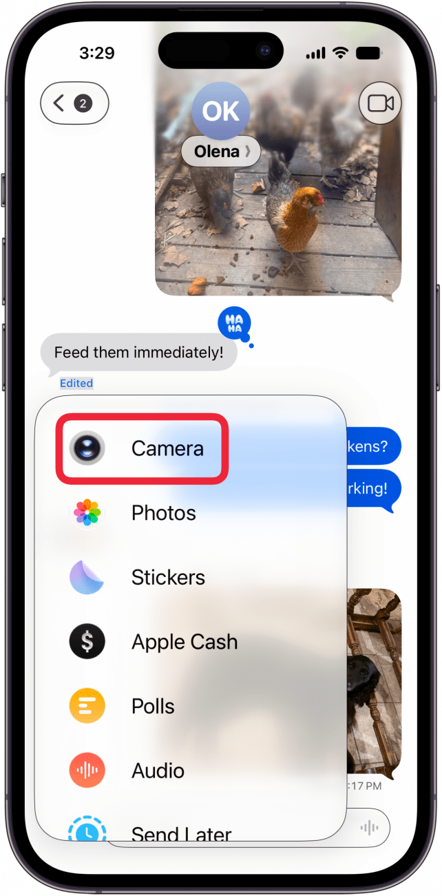 tap camera in menu