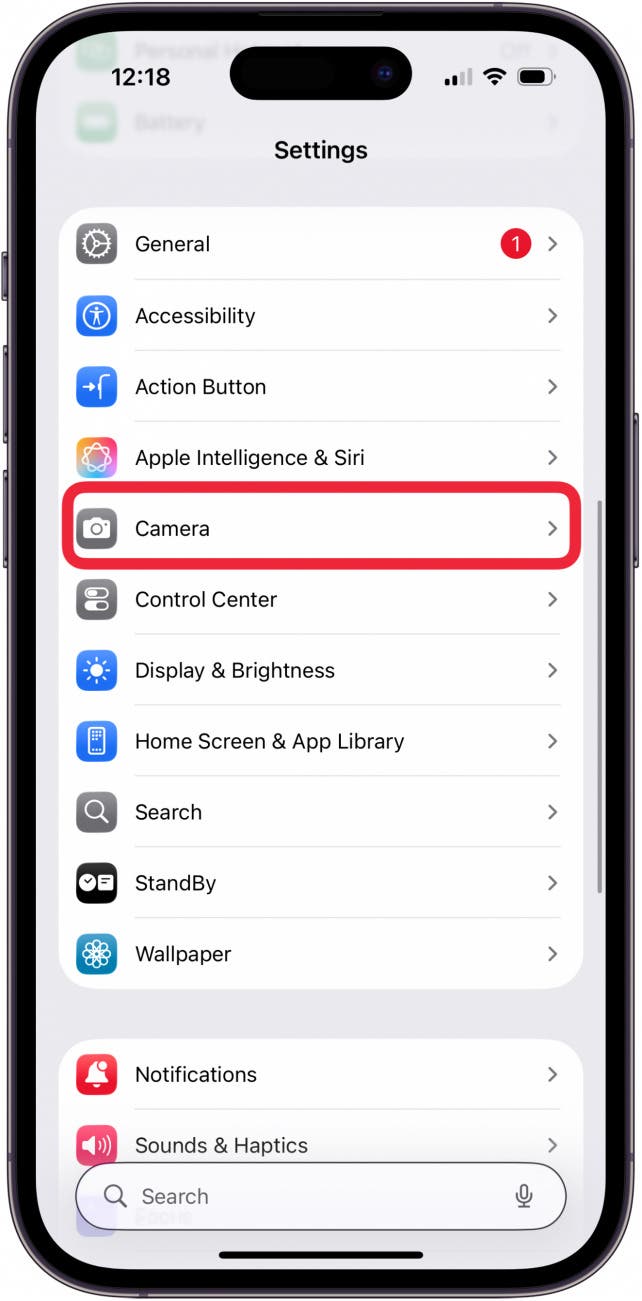 tap camera in settings