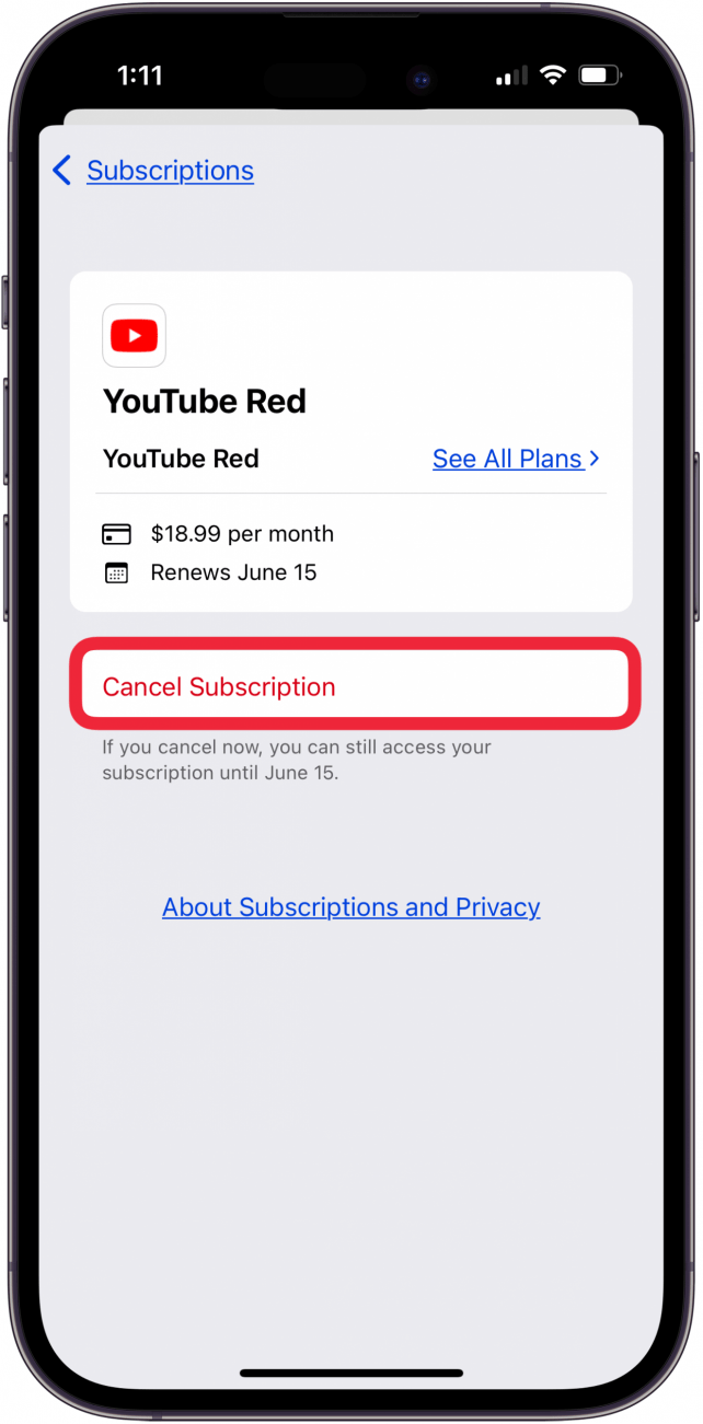 tap cancel subscription to cancel subscription on iphone