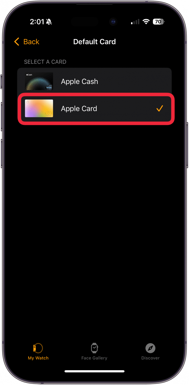 tap Apple Pay default card on Apple Watch