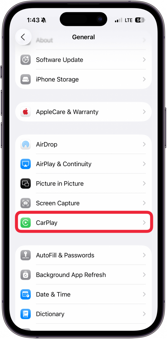 tap carplay in general iphone settings