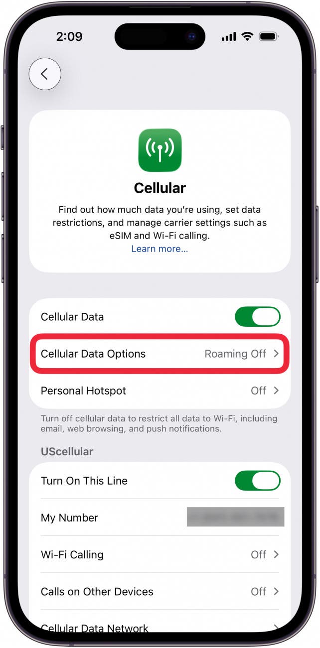 tap cellular data options